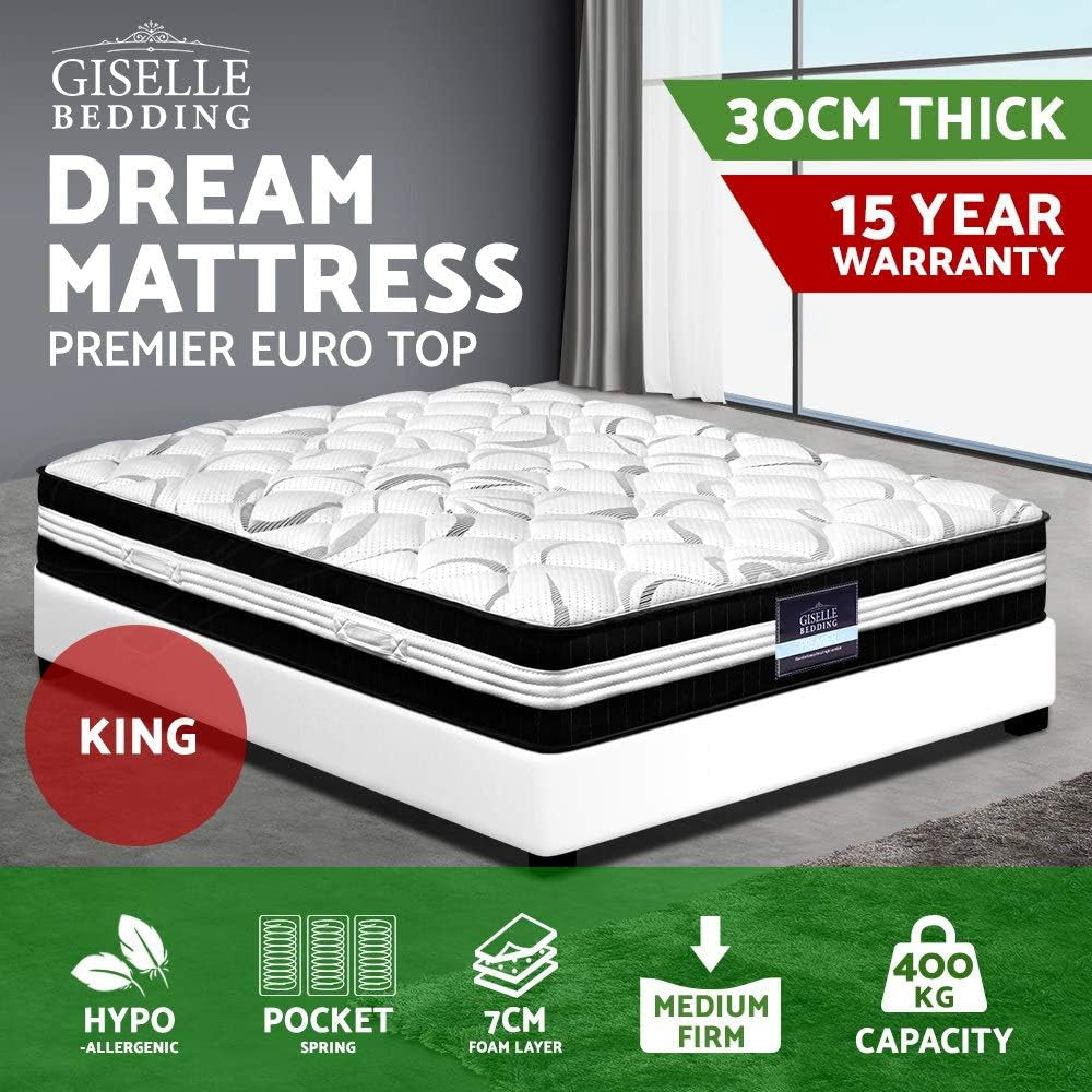 Giselle Bedding King Mattress Bed Foam Mattresses 30Cm Thickness, with 5-Zone Pocket Spring System and Breathable Euro Top, 5Yrs Warranty, Medium Firm, White with Vacuum Packed