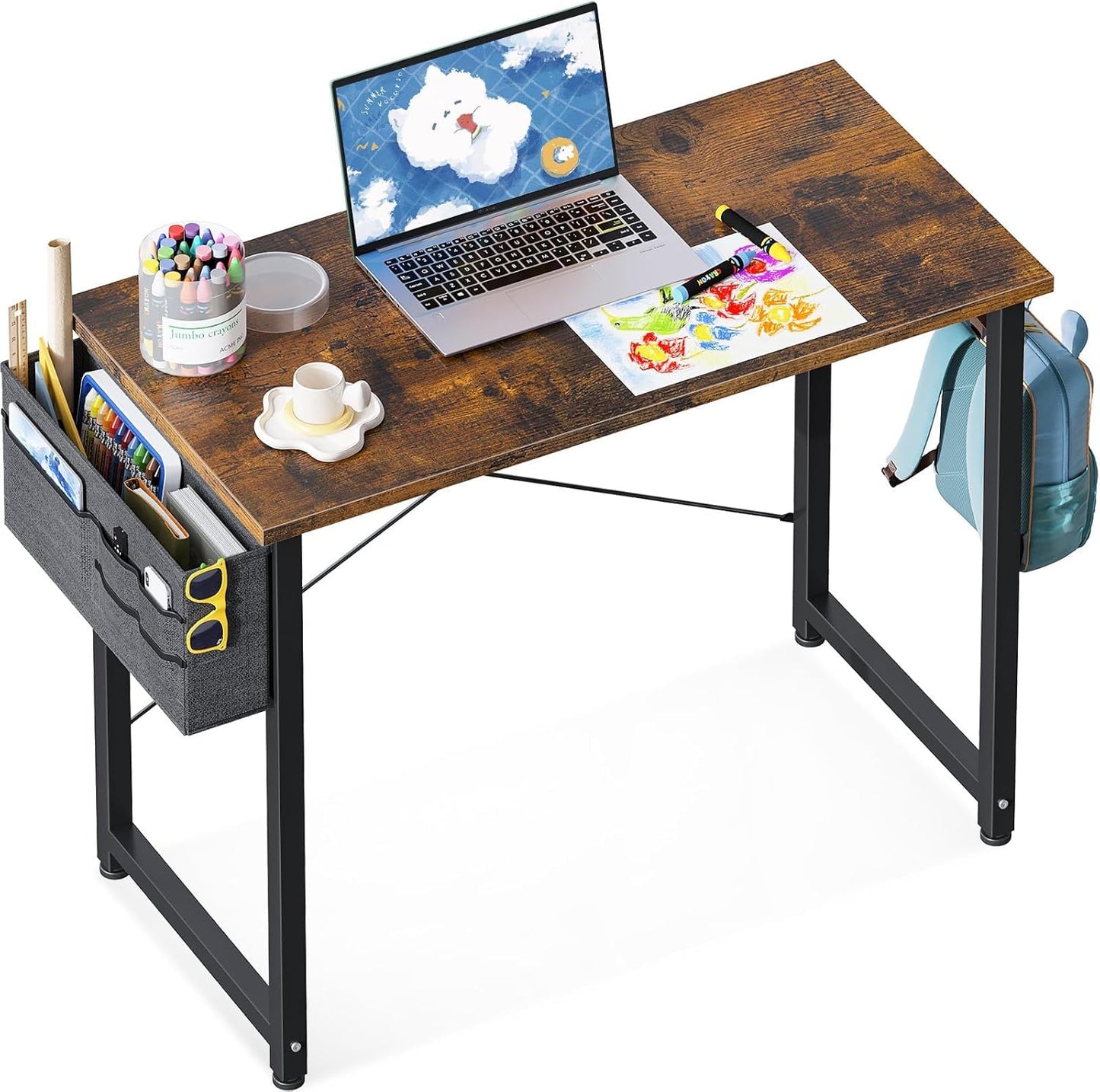 ODK Computer Desk Home Office Desk, Modern Writing Table, Simple Style PC Table with Storage Bag and Headphone Hook,100 * 48Cm White