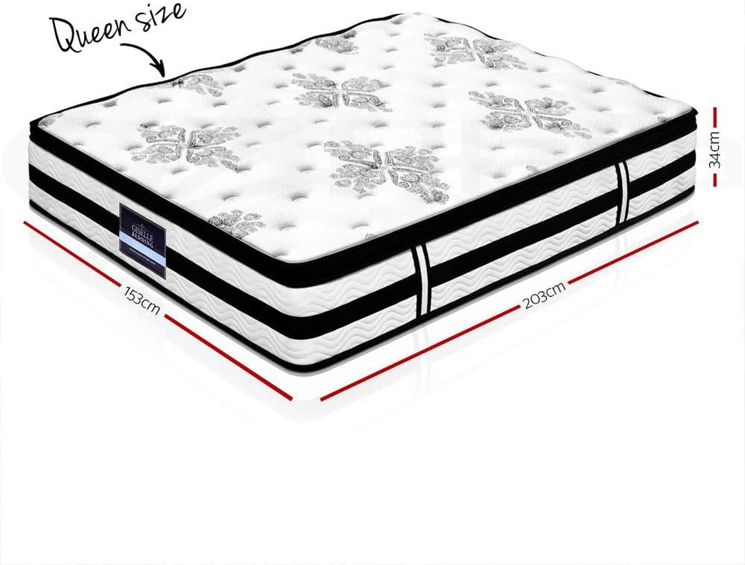 Giselle Bedding Queen Mattress Bed Mattresses Innerspring Foam 34Cm Thickness, with 5-Zone Pocket Spring System and Breathable Euro Top, 5Yrs Warranty, Medium Firm, White + Greywith Vacuum Packed