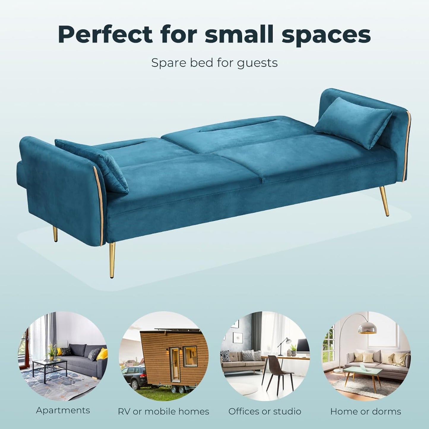 3 Seater Sofa Bed, Convertible Velvet Lounge Futon Couch with Recliner, Adjustable 3 Level Backrest with 2 Throw Pillow, Golden Legs for Small Spaces(198Cm X 80Cm X 83Cm, Peacock Blue)