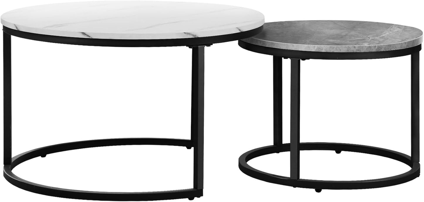 Round Coffee Table Set of 2 Marble Coffee Table Side Nesting Table White and Grey