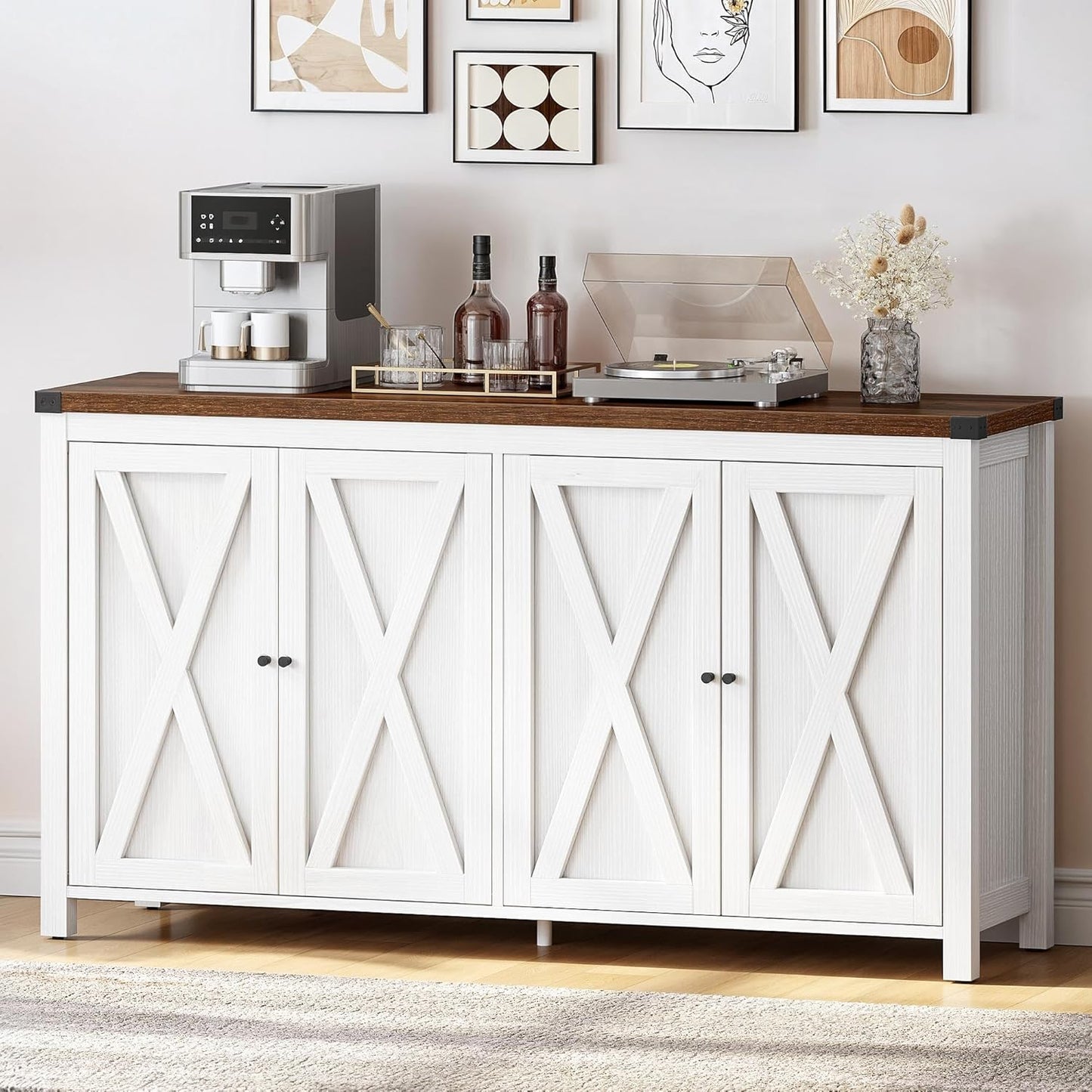 Farmhouse Sideboard Buffet Cabinet with Storage with 4 Doors, 55'' Large Kitchen Storage Cabinet, Coffee Bar Cabinet with Adjustable Shelf for Kitchen, Living Room, White