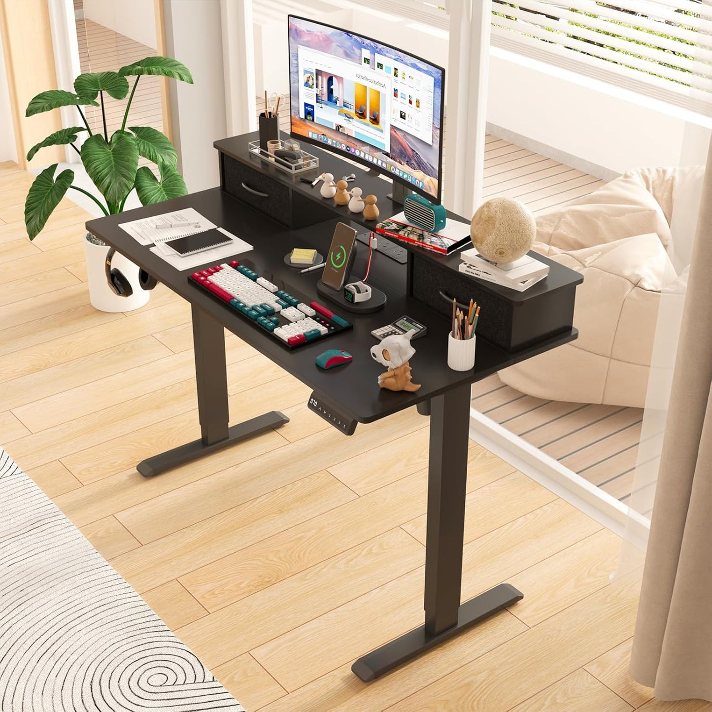 ADVWIN Electric Standing Desk with 2 Drawers, Adjustable Height Sit Stand up Desk with Storage Shelf, 120Cm Splice Board Walnut