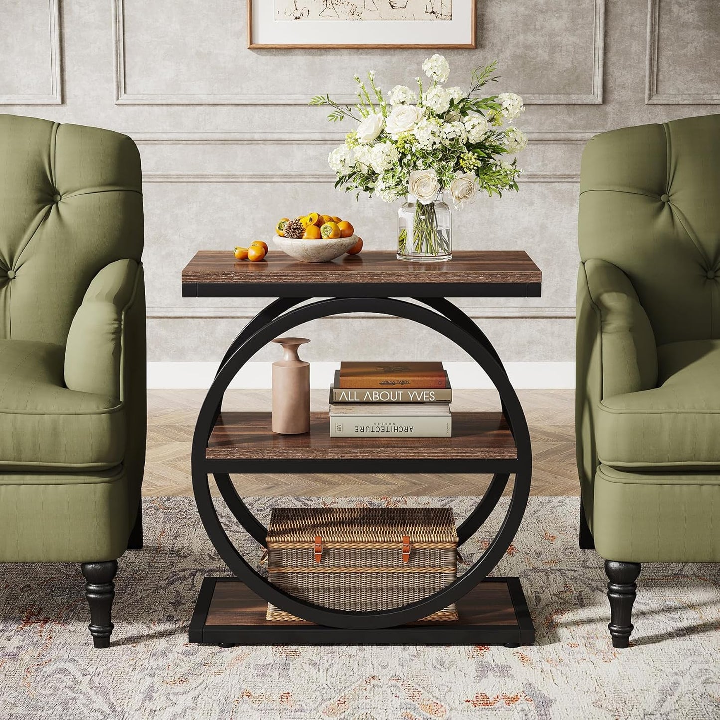 End Table, Narrow End Table with 3 Storage Shelves,