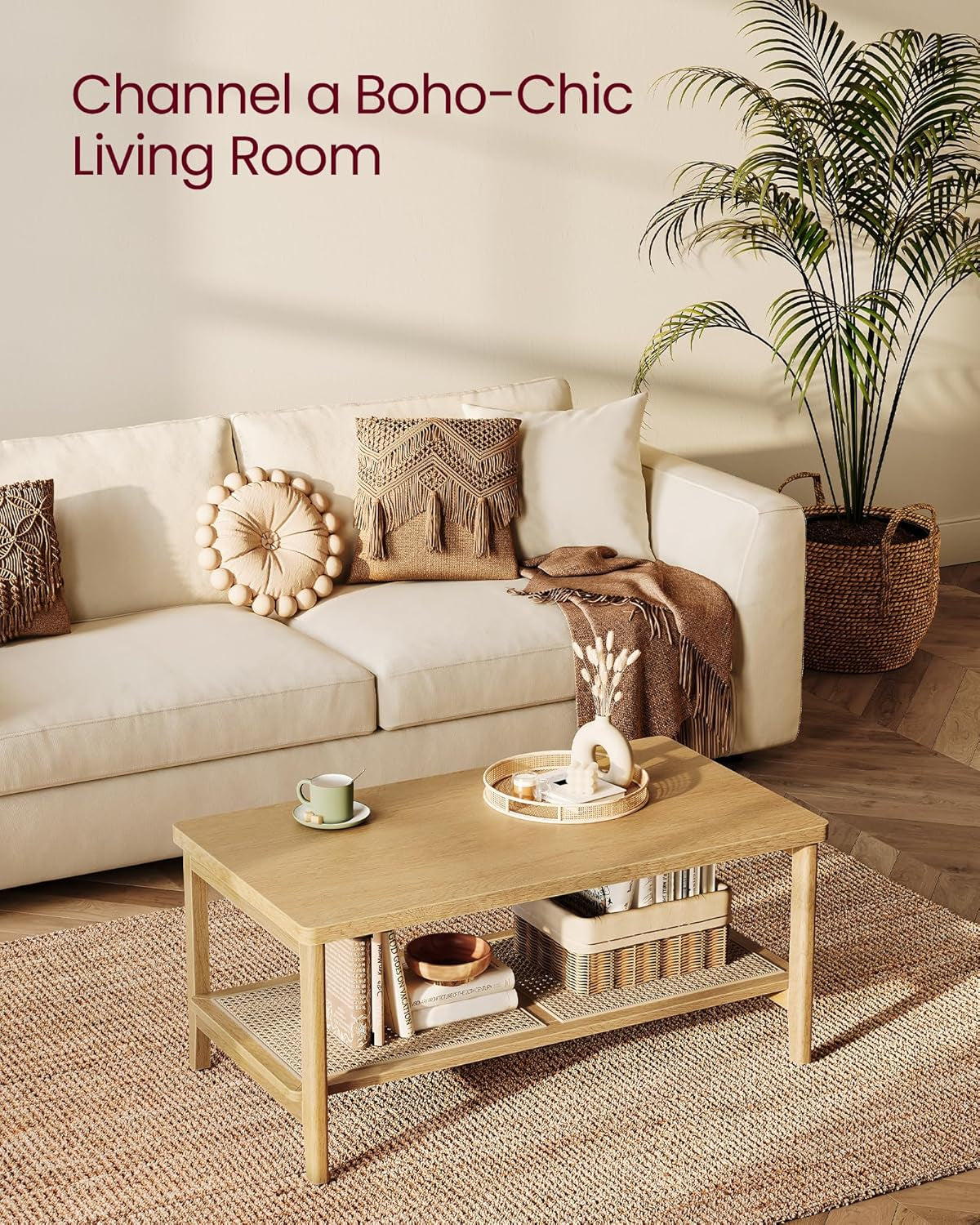 2-Tier Modern Coffee Table with PVC Rattan Storage Shelf, Rounded Corners, Easy Assembly, Boho Style, Oak Beige ULCT240Y57