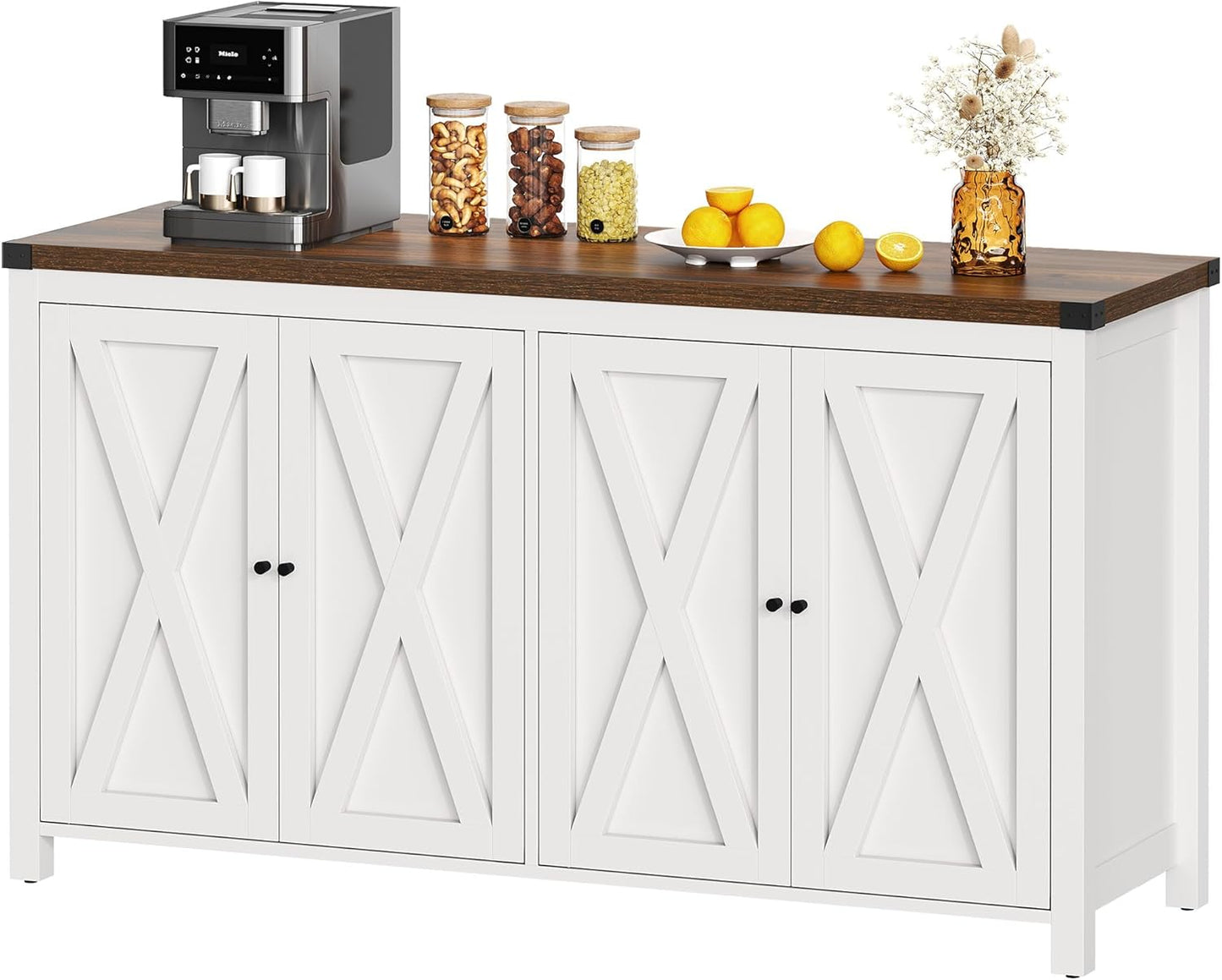 Farmhouse Sideboard Buffet Cabinet with Storage with 4 Doors, 55'' Large Kitchen Storage Cabinet, Coffee Bar Cabinet with Adjustable Shelf for Kitchen, Living Room, White