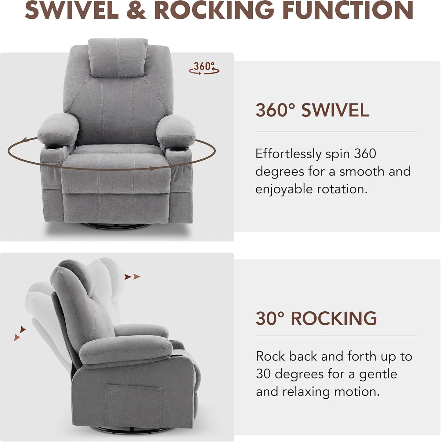 Weture Swivel Rocker Recliner Chair with Heat and Massage, 360 Degree Swivel Rocking Single Sofa with Cup Holders and USB Port, Big Large Oversized Recliner Chair for Living Room (Fabric, Grey)