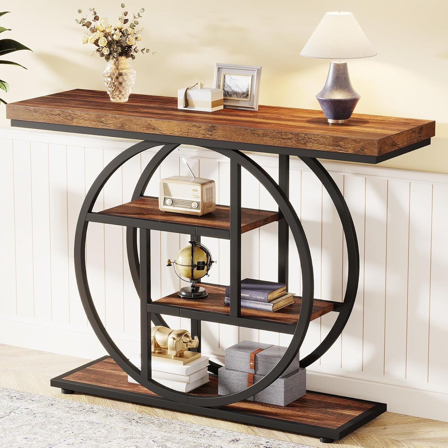 Rustic Console Table Hallway,105Cm Console Table, 4-Tier Entryway Console Table, Narrow Hall Table with Storage Shelves for Living Room, Foyer, Rustic Brown