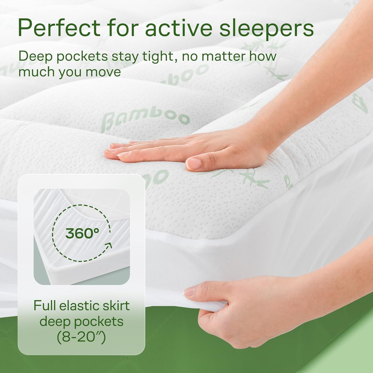 Bamboo Queen Mattress Topper - Thick Cooling Breathable Pillow Top Mattress Pad for Back Pain Relief - Deep Pocket Topper Fits 8-20 Inches Mattress (Bamboo, Queen 60X80 Inches)