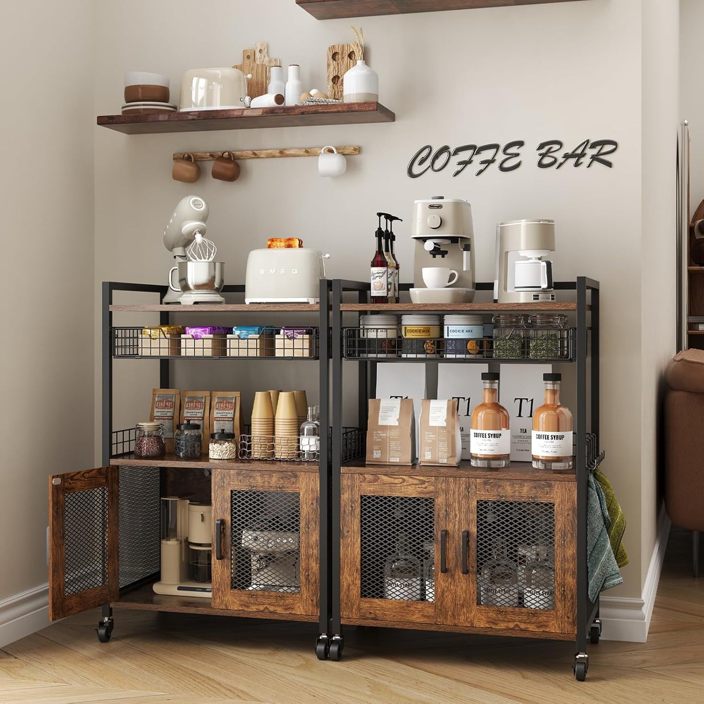 Coffee Bar Cabinet, 3 Tier Coffee Station Table on Wheels, 35.9'' H Bar Cart with Wire Basket Drawer & 5 Hooks for Home Kitchen