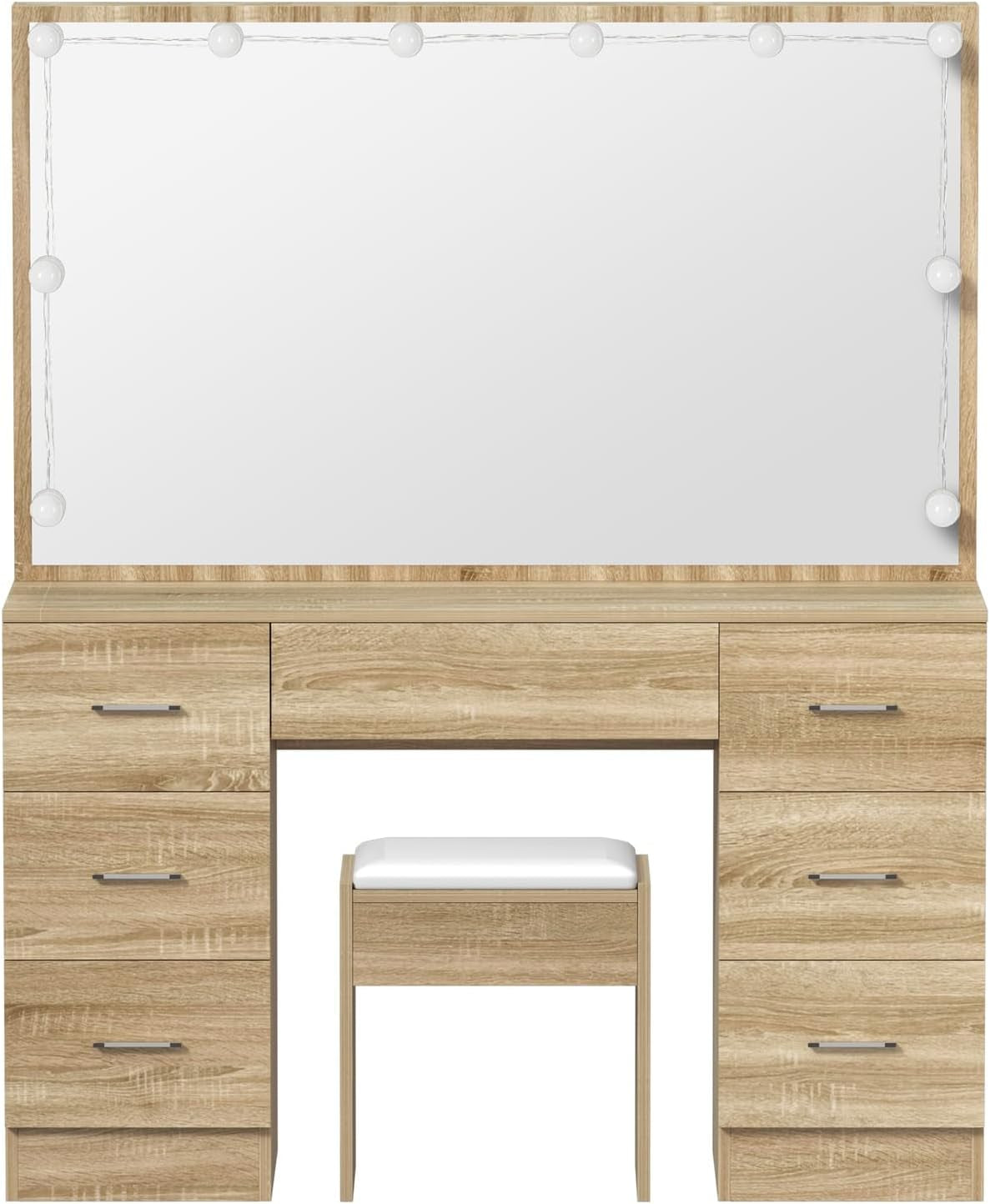 Dressing Table with Extra Biggest Mirror 113Cm Makeup Mirror Vanity Desk with 7 Storage Drawers and Stool Wood