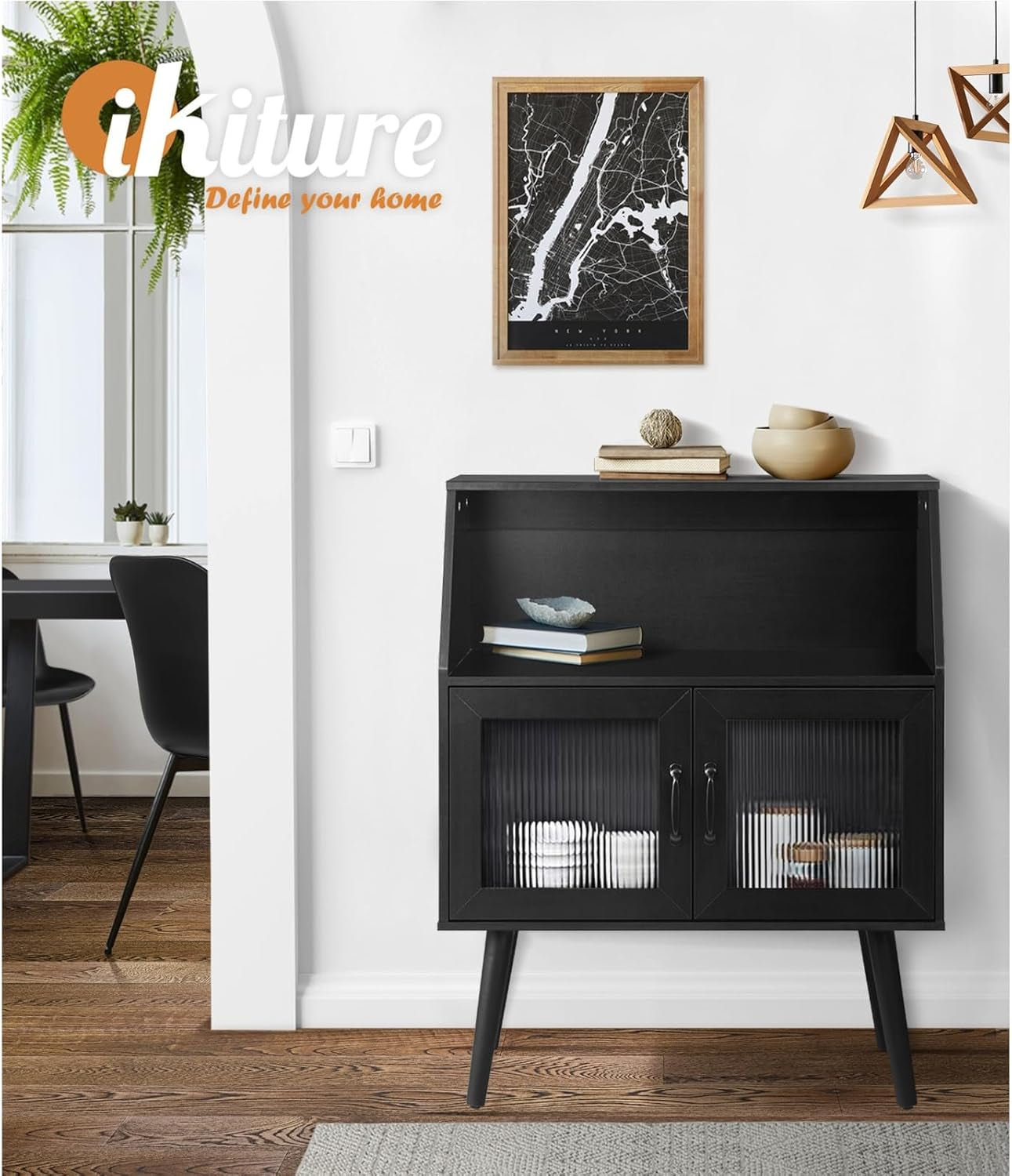 Sideboard Buffet Cabinet with Open Shelf, Glass Doors and 2 Tier Storage Cabinet Coffee Bar Table
