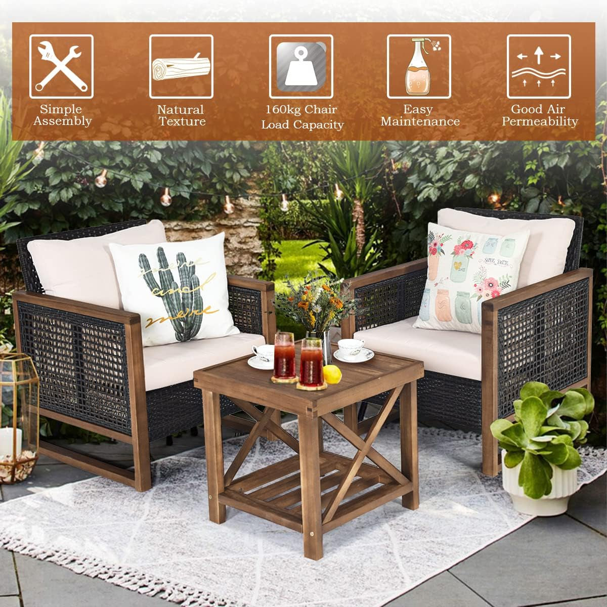 3-PCS Patio PE Rattan Chair Table Set, Wooden Wicker Furniture W/Solid Wood Frame, Soft Cushion, Coffee Table W/Shelf, Patio Conversation Sofa Setting for Balcony, Yard