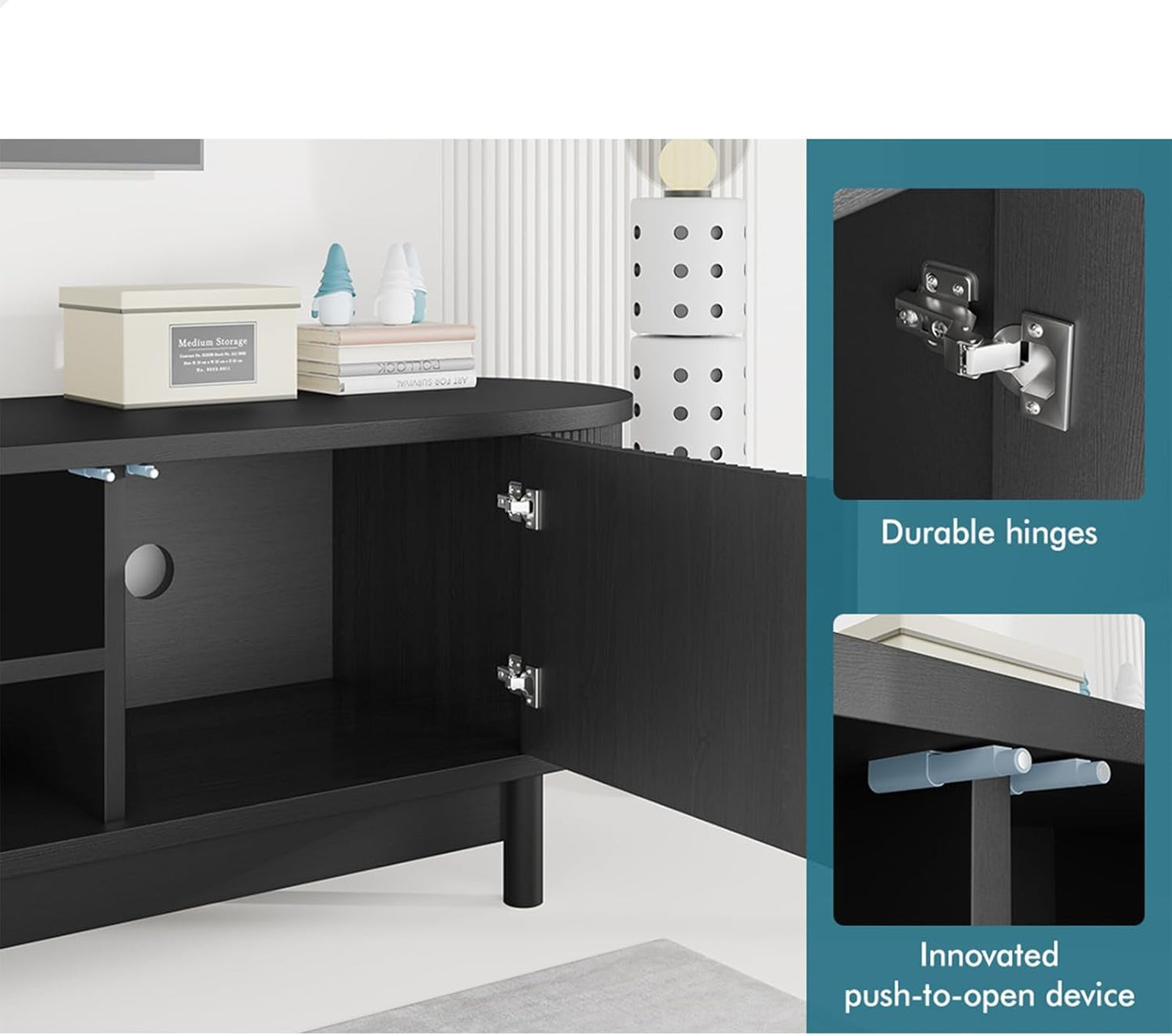 ALFORDSON TV Cabinet Stand Black, Handle-Free Modern Furniture Entertainment Unit Stand with 2 Ample Storage Side Cabinets and 2 Middle Shelves for Living Room,160 X 40 X 40Cm in Black