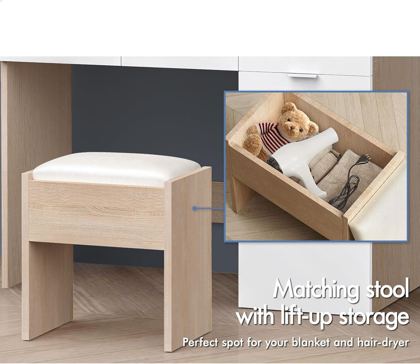 Dressing Makeup Table & Stool Set, Vanity Desk with Mirror 12 LED Light Bulbs in Adjustable 3-Colour, Jewellery Dresser Organiser with Drawers for Bedroom Dressing Room, Wood White