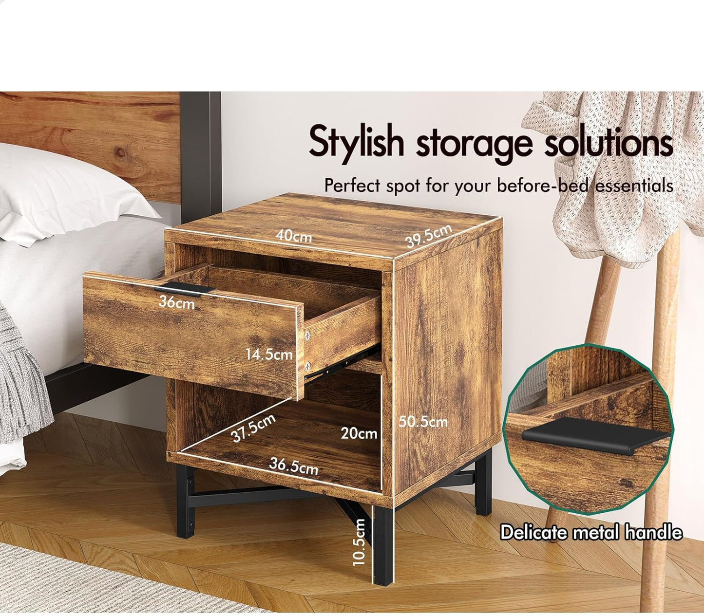 Wooden Bedside Table with Metal Frame Base, Compact Nightstand with Drawer and Shelf, 40 X 39.5 X 50.5Cm, Wood