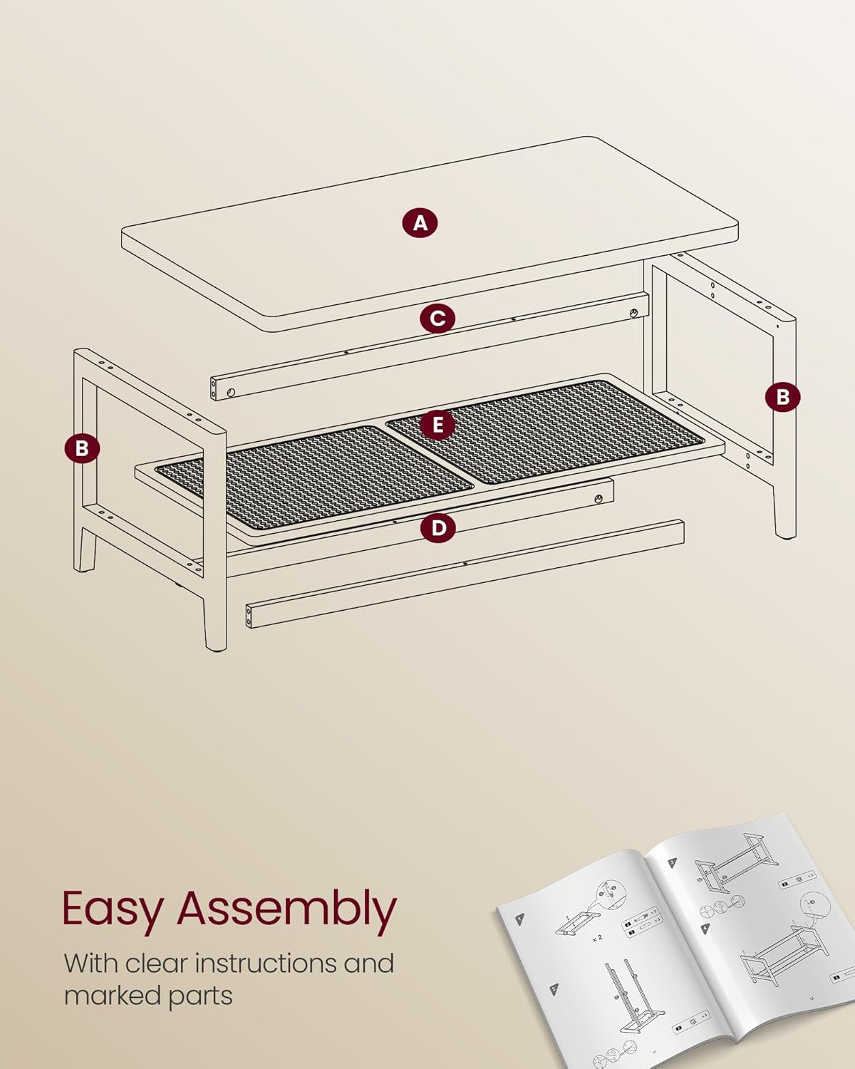 2-Tier Modern Coffee Table with PVC Rattan Storage Shelf, Rounded Corners, Easy Assembly, Boho Style, Oak Beige ULCT240Y57