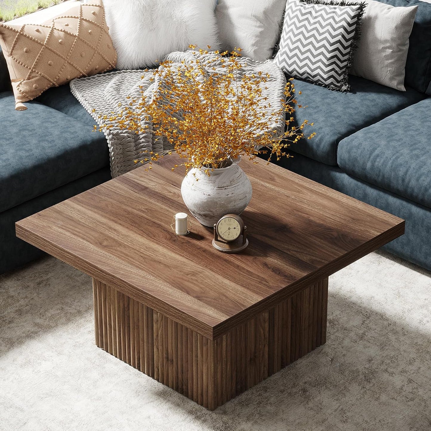 Square Coffee Table, 31.5-Inch Engineered Wood Coffee Table for Living Room, Vintage Brown Center Table, Large Mid-Century Modern Cocktail Table