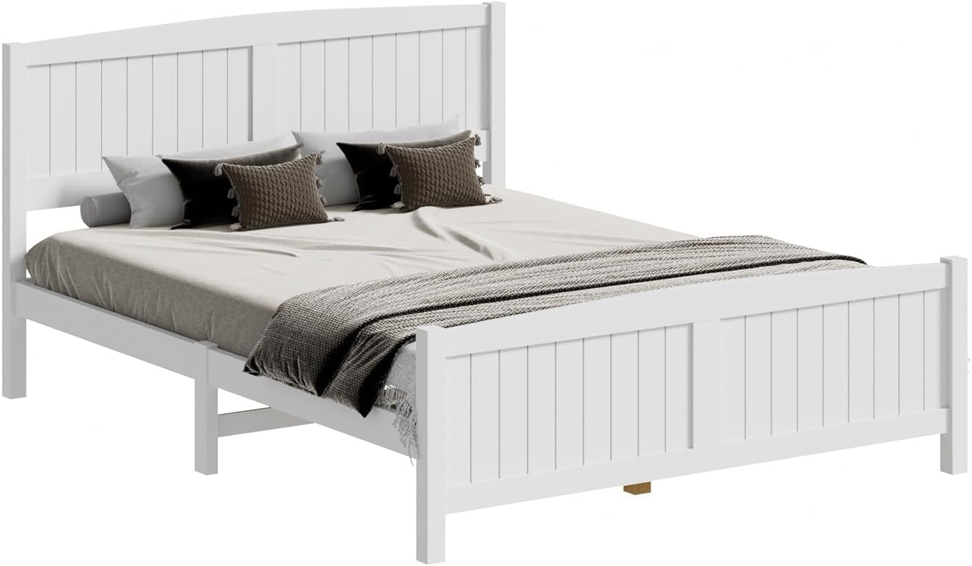 OIKITURE Queen Size Wooden Bed Frame Hampton-Style, Pinewood Bed Frame Platform with Bed Head and High Bed Leg - Compatible with Australian-Sized Mattresses, 211X161X94Cm 