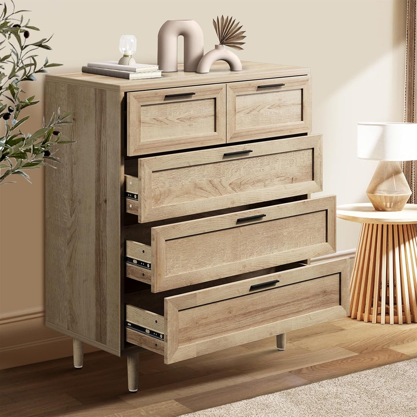 Chest of Drawers Dresser with 5 Storage Cabinet Tallboy Natural