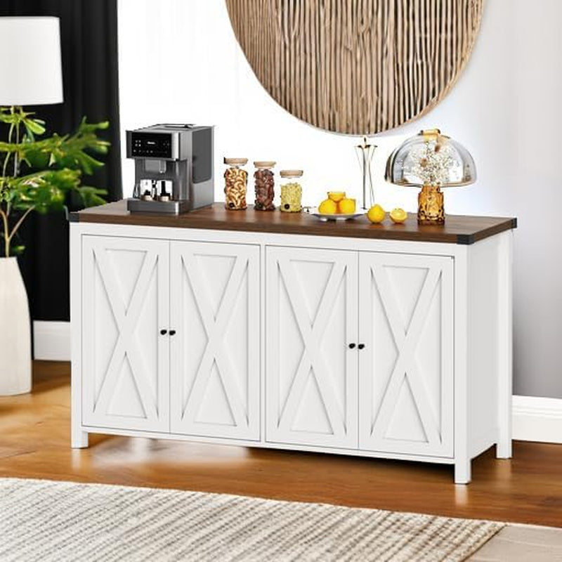 Farmhouse Sideboard Buffet Cabinet with Storage with 4 Doors, 55'' Large Kitchen Storage Cabinet, Coffee Bar Cabinet with Adjustable Shelf for Kitchen, Living Room, White