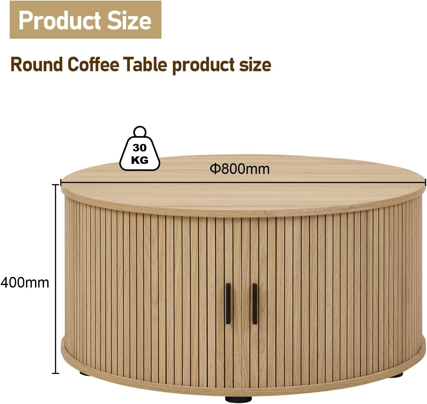 Round Coffee Table with Storage, Mid Century Modern Coffee Table with Sliding Cabinet Door, Wood Coffee Table for Living Room Oak