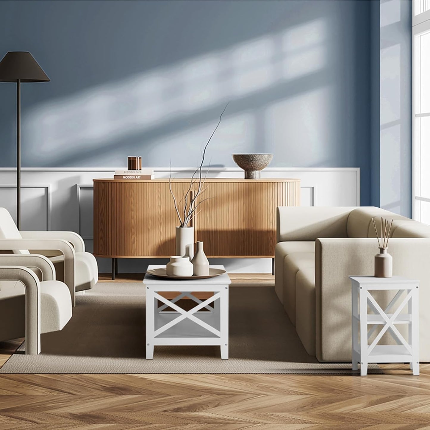 Oikiture End Table with 3-Tier Shelf Sofa Side Table Coffee beside Table White