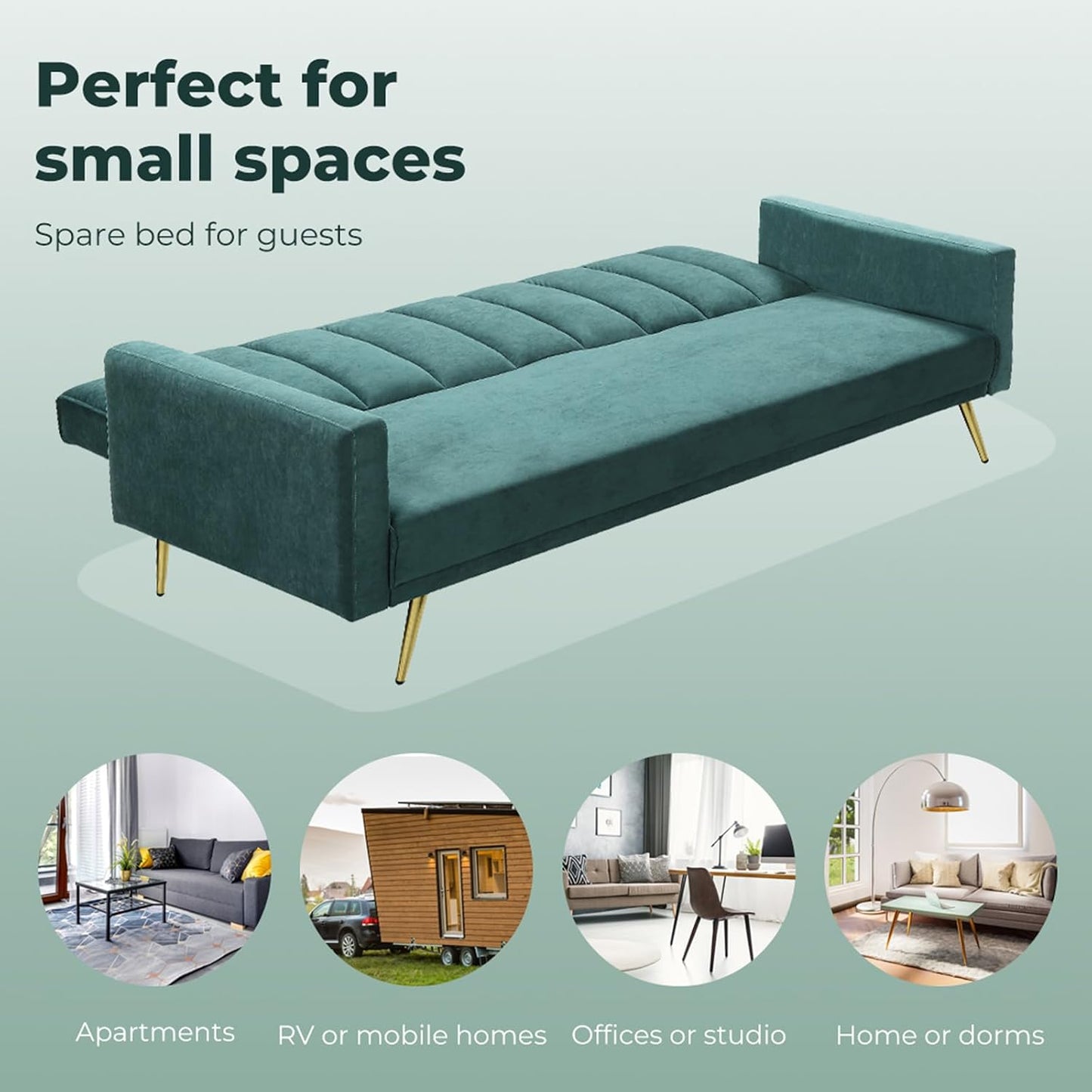 3 Seater Sofa Bed Convertible, Velvet Loveseat Sofa Couch, Recliner Sofa Lounge with 3 Adjustable Backrest Positions, Spare Bed for Guest, Load up to 220Kg (197Cm, Green)