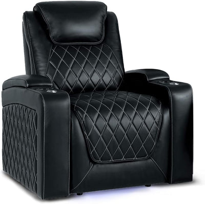 Valencia Oslo Home Theater Seating | Premium Top Grain Italian 11000 Nappa Leather, Power Recliner, Power Lumbar Support, Power Headrest, LED Lighting (Single Seat, Black)