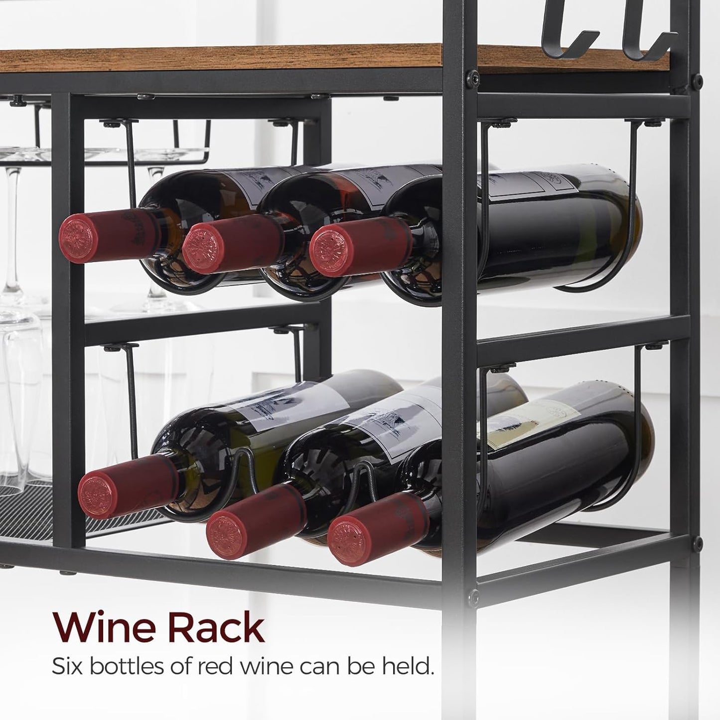 Bar Cart for Home, 3-Tier Serving Cart with Wheels and Handle, Beverage Cart with Wine Rack and Glass Holders, Rolling Wine Cart for Kitchen, Dining Room, Rustic Brown RCHR6101