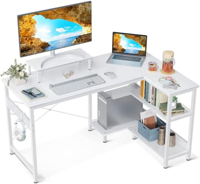 ODK L Shaped Computer Desk with Reversible Storage Shelves, 100 * 70 * 87.7Cm L-Shaped Desk, Corner Desk with Monitor Stand for Small Space, Home Office Desk, Modern Simple Writing Table, White
