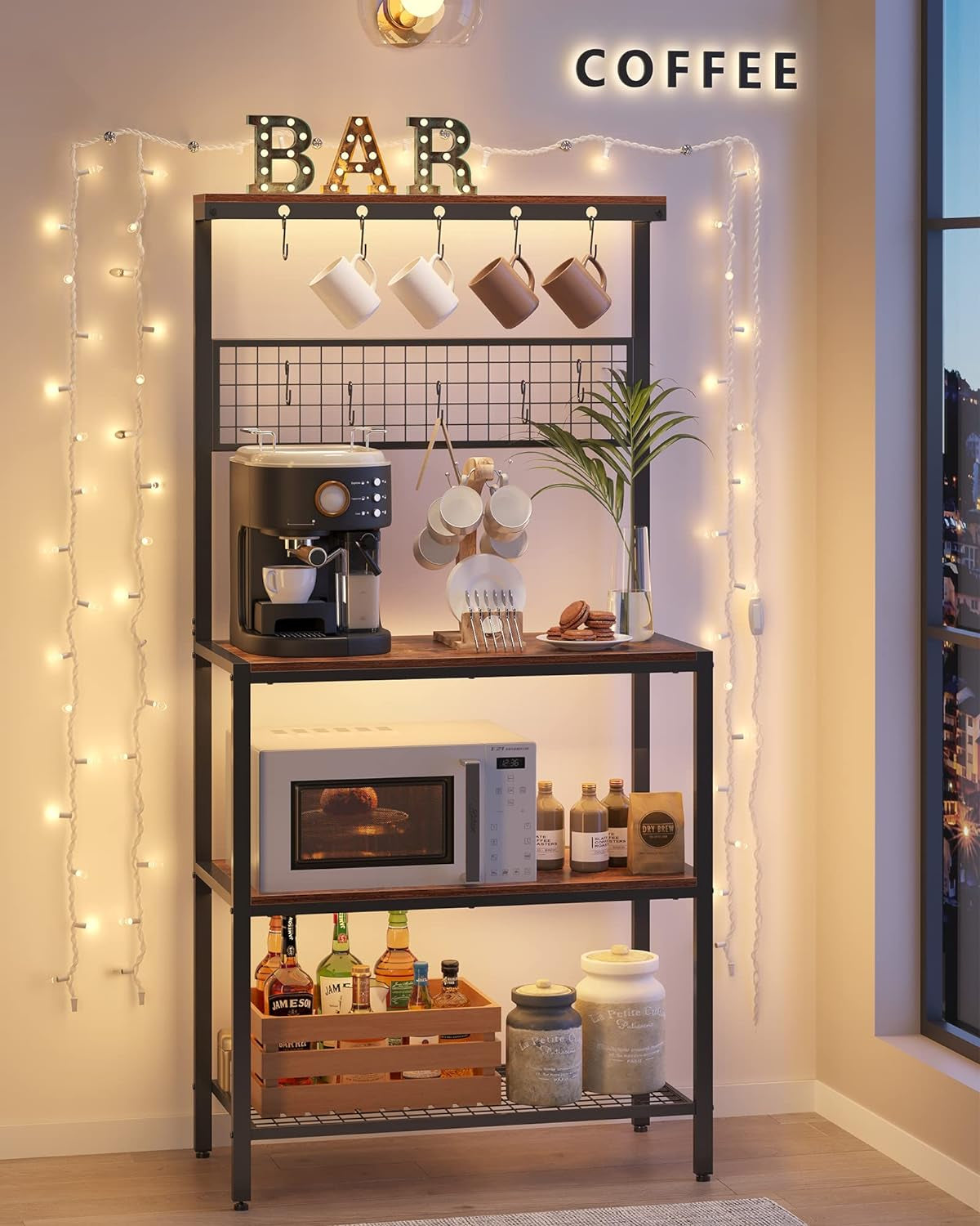 VASAGLE Bakers Rack, Coffee Bar, Kitchen Storage Shelf Rack with 10 Hooks, 3 Shelves, Adjustable Feet, for Microwave Oven, 15.7 X 33.1 X 66.9 Inches, Industrial, Rustic Brown and Black UKKS17BX