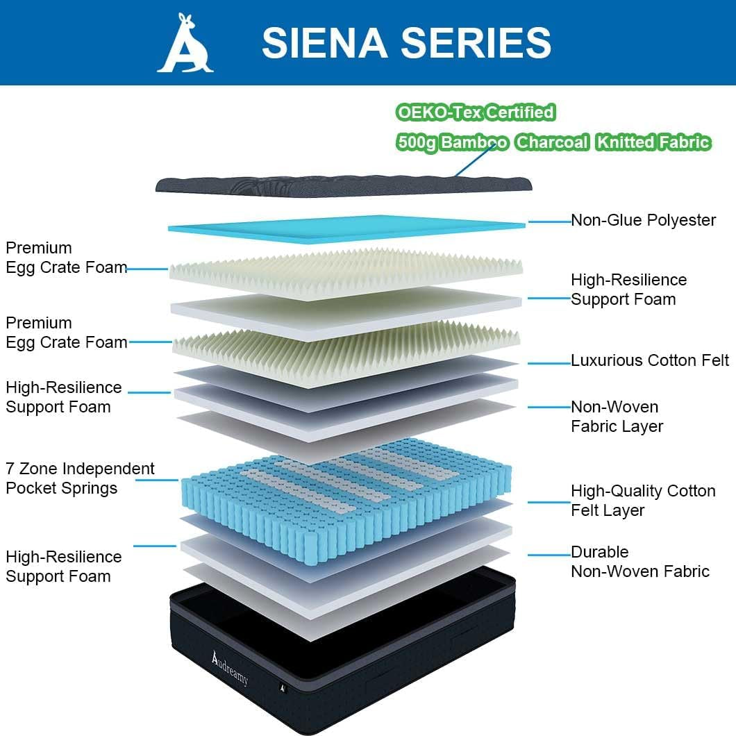 Audreamy Siena Mattress 35Cm Bamboo Charcoal Fabric Plush Euro Top 7 Zone Hybrid Pocket Spring System Memory Foam Enhanced Edge Support Breathable Medium Firm King