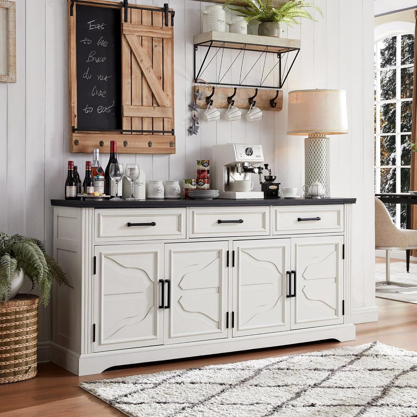 Farmhouse Buffet Sideboard Cabinet, 66" Buffet Table Coffee Bar Wine Bar Cabinet with Drawers and Doors, Kitchen Sideboard Storage Cabinet for Dining Room