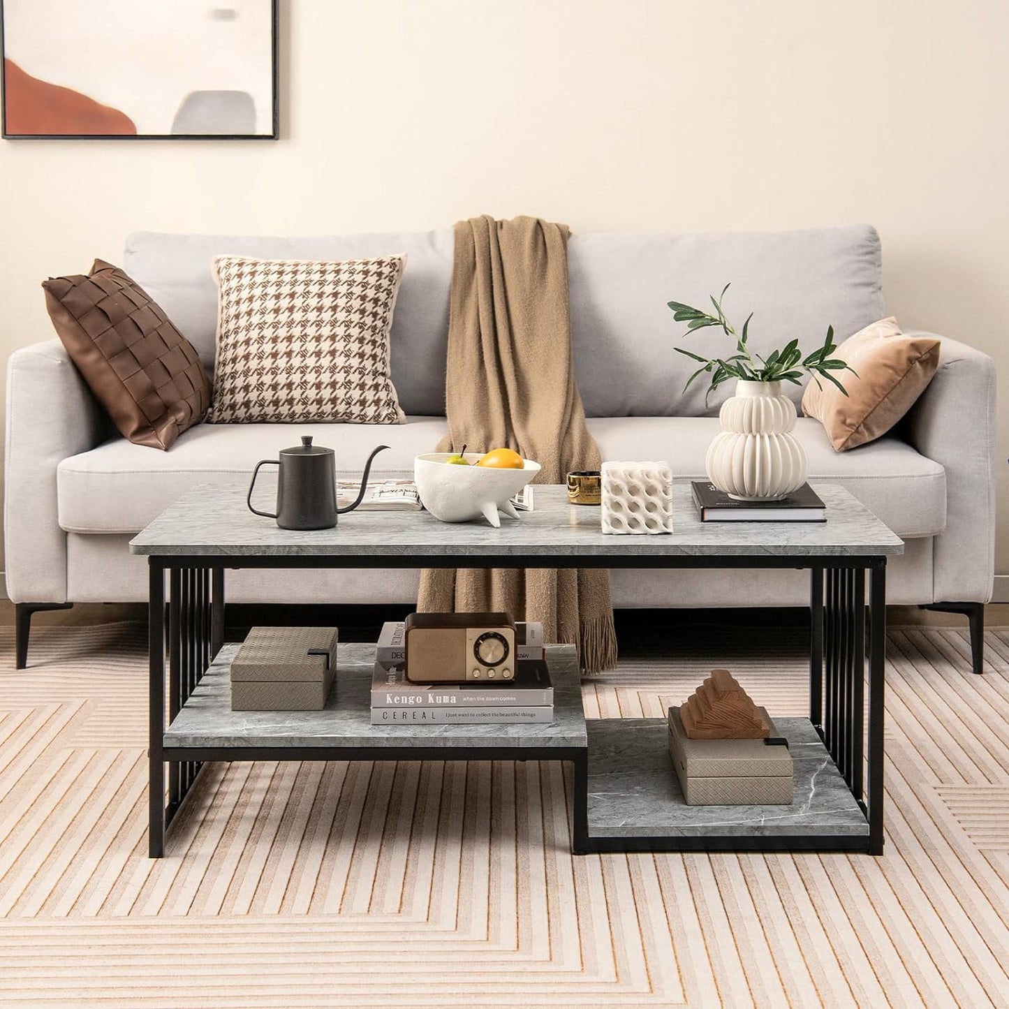 Faux Marble Coffee Table, Rectangular 2-Tier Center Table with Open Storage Shelf, Modern Long Cocktail Table Snack Table with Metal Frame for Living Room, Home, Office, Gray