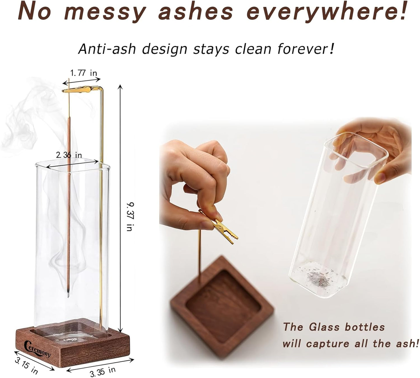 CEREMONY Incense Holder๏ผWood Incense Holder for Sticks with Glass Ash Catcher๏ผIncense Burner for Meditation Yoga Spa Room Decor