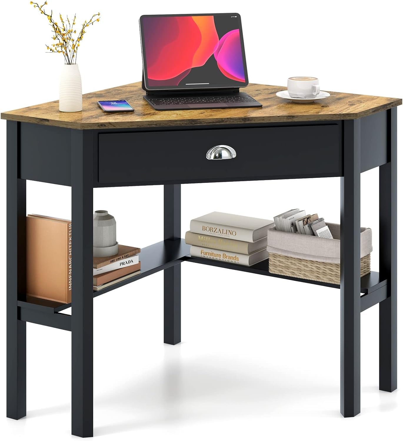 Giantex Wood Corner Computer Desk, Compact Writing Table W/Drawer & Shelves, Space Saving Workstation with Foot Pads, Laptop PC Corner Table Furniture for Home Office, Black