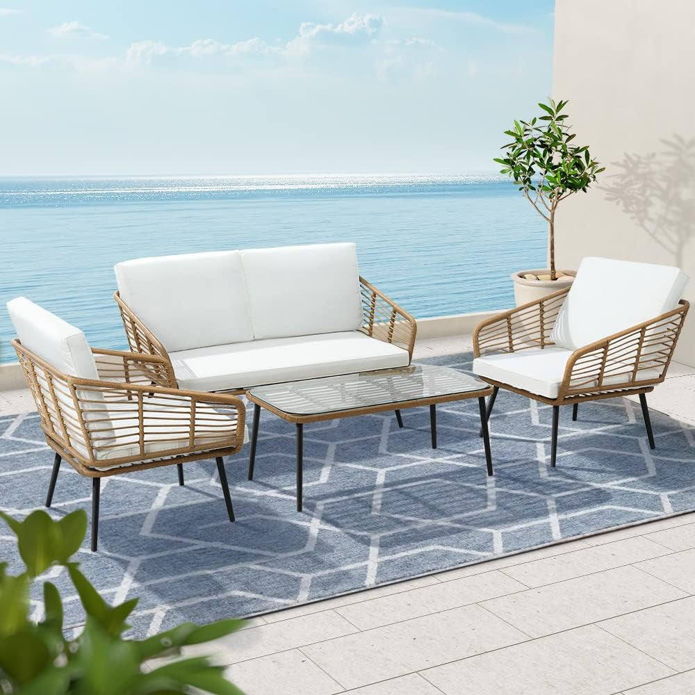 Outdoor Sofa 4 Piece Wicker Lounge Setting Table and Chairs, Patio Furniture Rattan Modular Set Garden Pool Deck Backyard, Weather-Resistant Cushions Glass Tabletop Brown