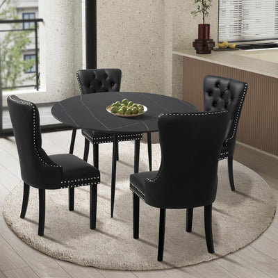 Dining Table and Chair Sets of 4 round Kitchen Table and Pu Leather Kitchen Chairs Black