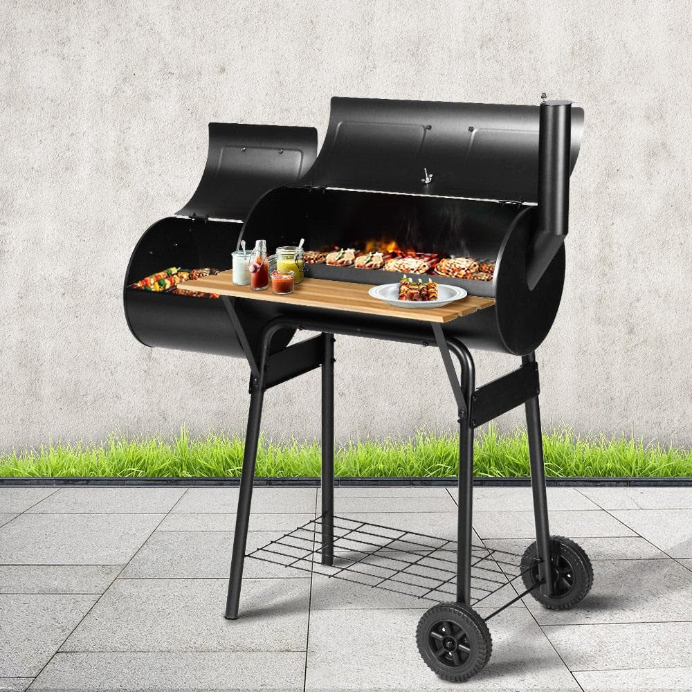 Charcoal BBQ Grill, Smoker Cooking Tool, with Wheels Stainless Steel Rack Black