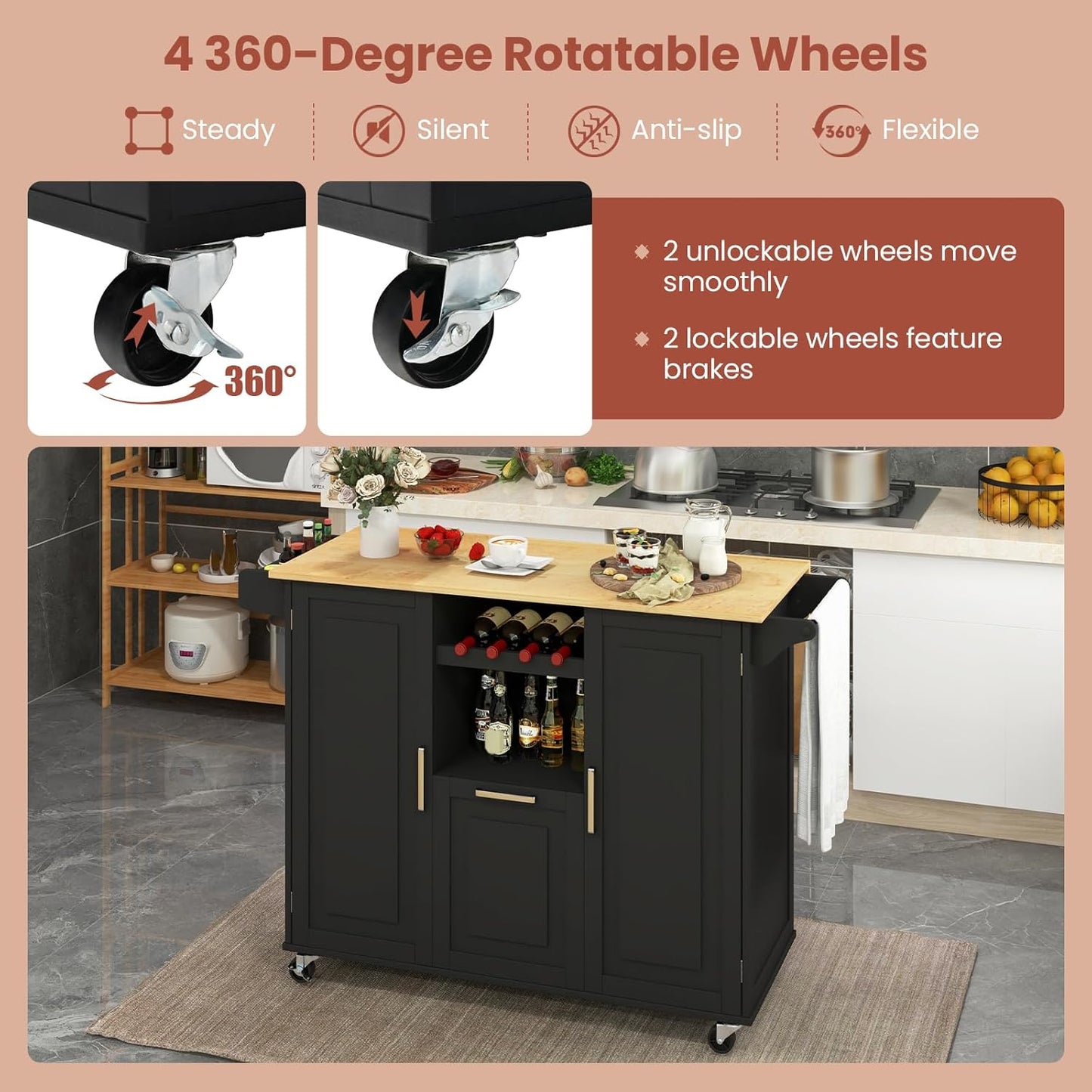 Rolling Kitchen Island Cart, Large Kitchen Island W/Drop-Leaf Countertop & 4 Rotatable Casters, Kitchen Trolley Cart with Deep Drawer, Open Wine Bottle Rack & Towel Bar (Black)