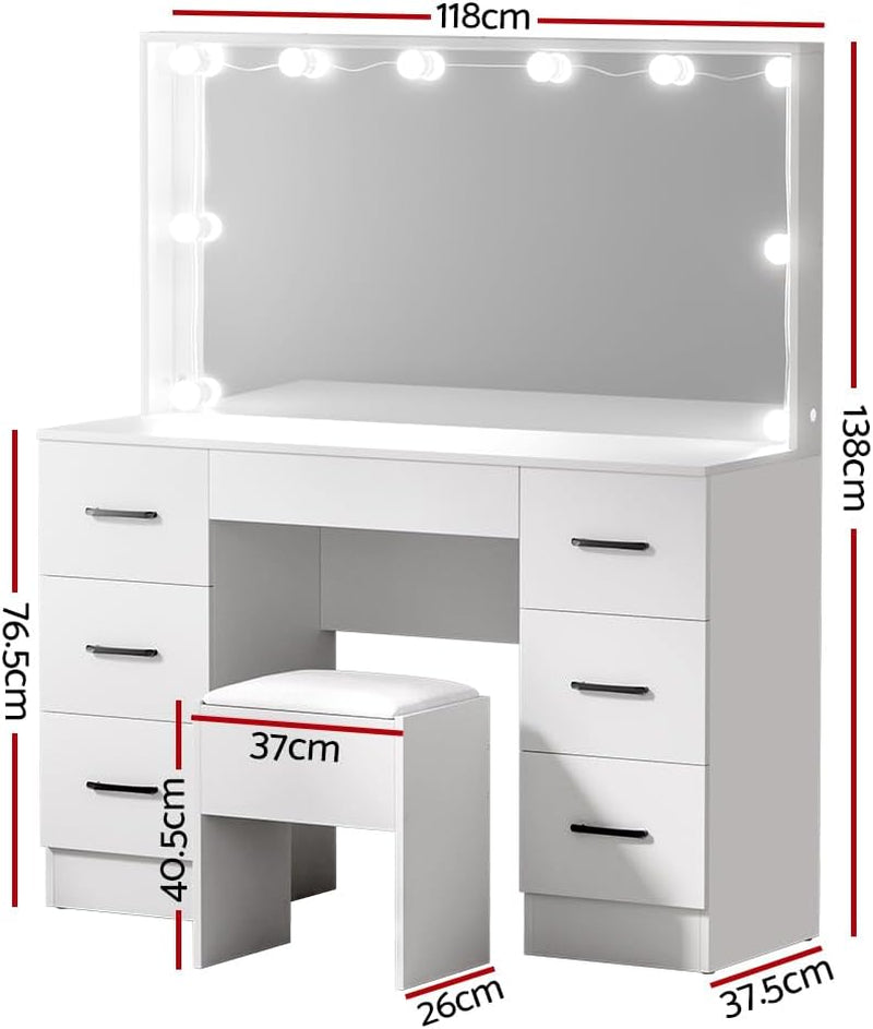 Vanity Table, 10 Bulbs LED Mirror Makeup Stool Set, 7 Drawers Shelves Wide Tabletop White