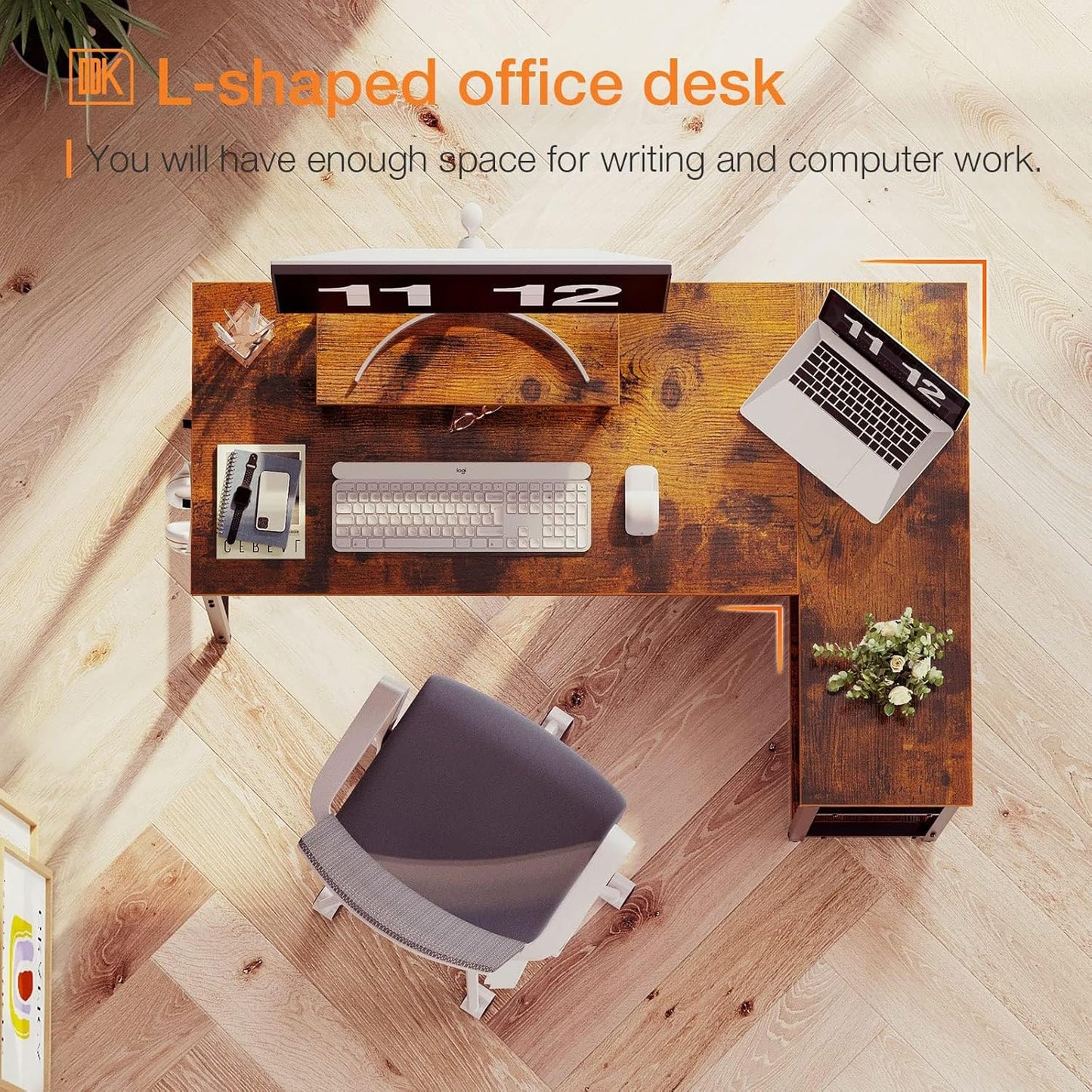 ODK L Shaped Computer Desk with Reversible Storage Shelves, L-Shaped Desk 118 * 80 * 86.4Cm Corner Desk with Monitor Stand for Small Space, Modern Writing Table for Home Office Desk, Rustic Brown