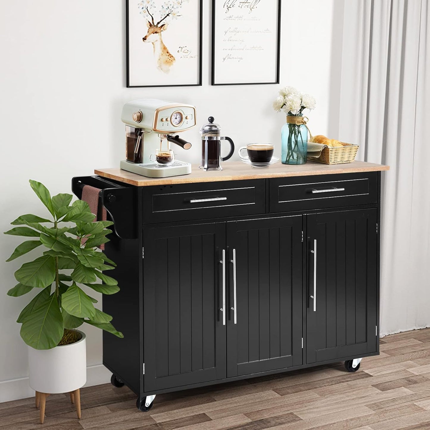 Mobile Kitchen Island Cart, Rolling Storage Trolley with Towel Bar, 2 Deep Drawers, 3 Door Cabinets, Swivel Casters, Rubber Wood Top, for Kitchen Dining Room (Black)