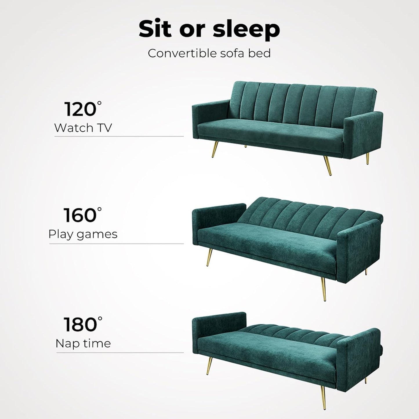 3 Seater Sofa Bed Convertible, Velvet Loveseat Sofa Couch, Recliner Sofa Lounge with 3 Adjustable Backrest Positions, Spare Bed for Guest, Load up to 220Kg (197Cm, Green)