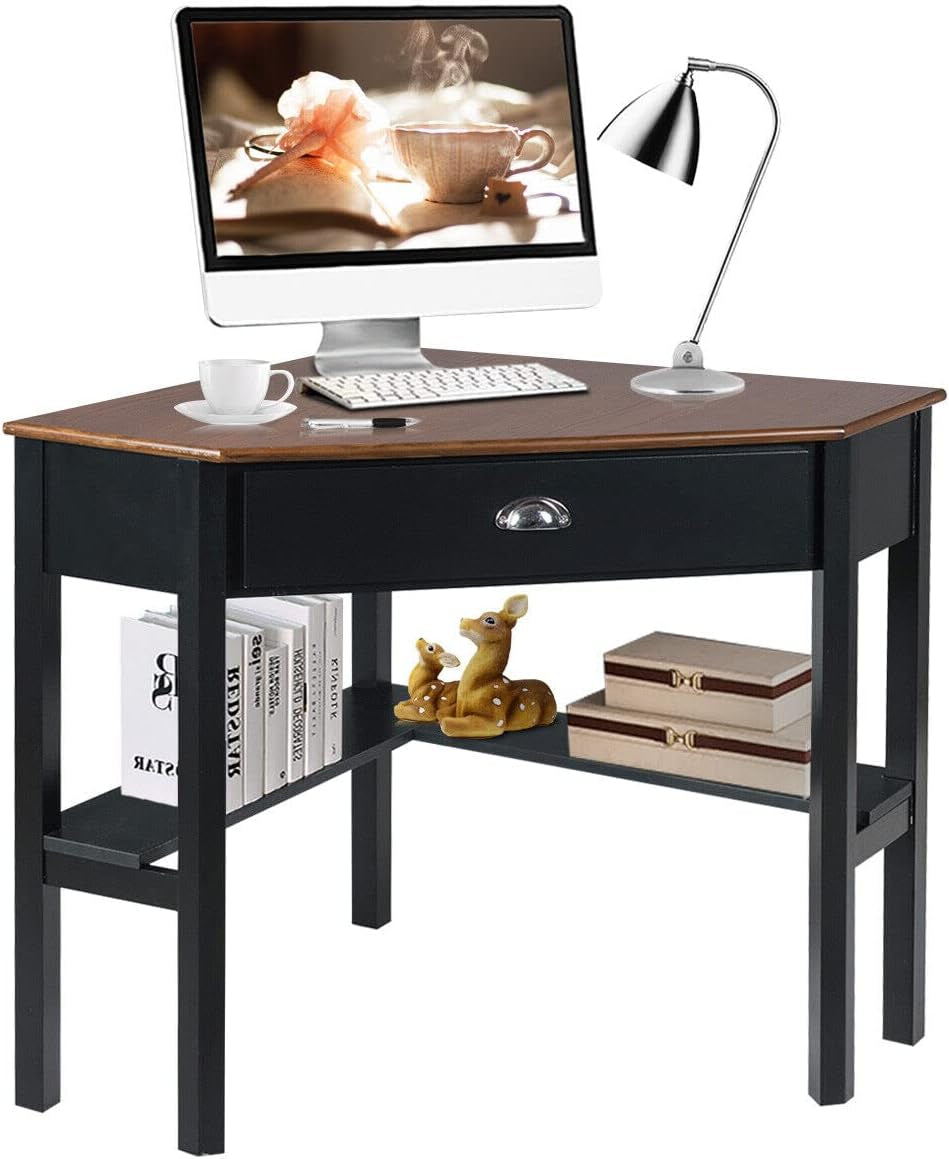 Giantex Wood Corner Computer Desk, Compact Writing Table W/Drawer & Shelves, Space Saving Workstation with Foot Pads, Laptop PC Corner Table Furniture for Home Office, Black