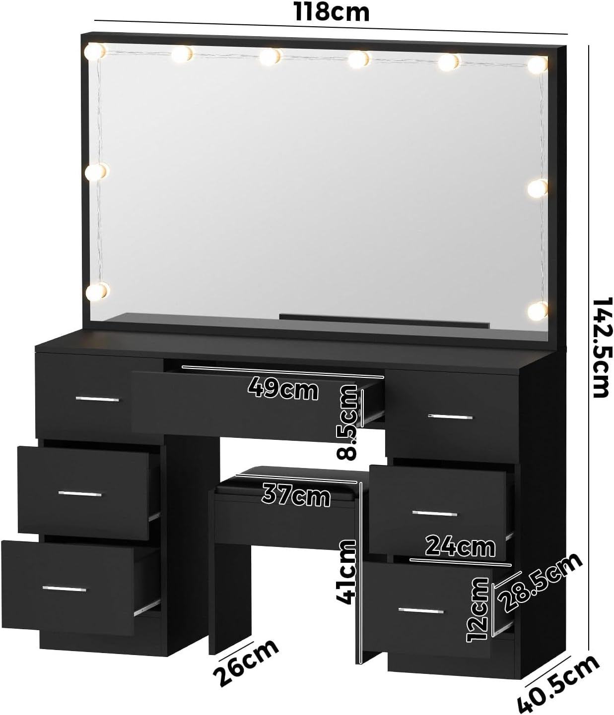 Makeup Vanity with Makeup Mirror and Stool LED Dressing Table Makeup Desk Black