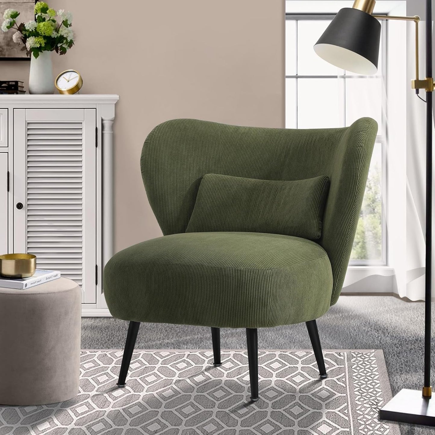 Oikiture Boucle Armchair with Lumbar Pillow and Wingback Velvet Lounge Sofa Accent Chair White