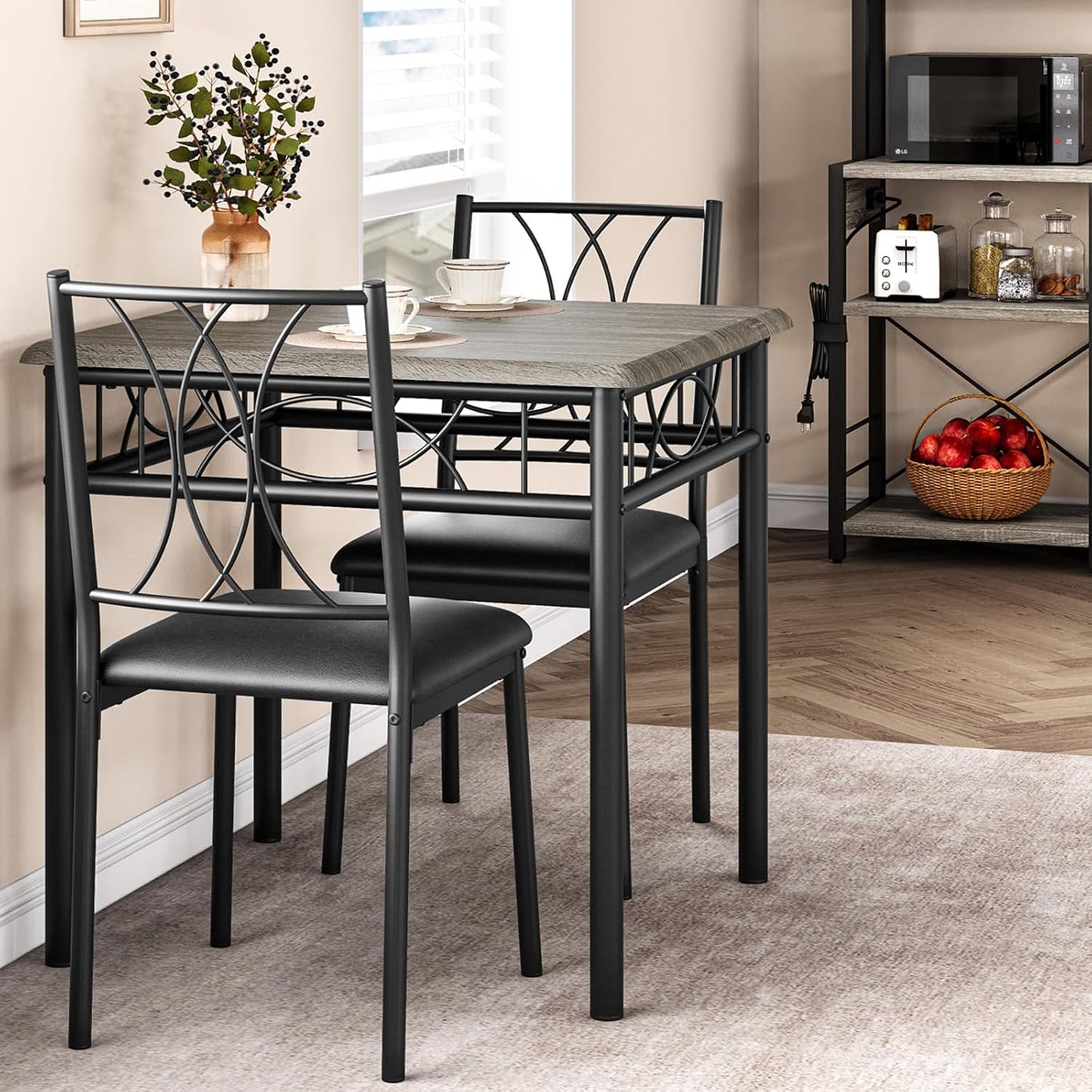 Dining Table Set for 2, 3 Piece Kitchen Table Set with 2 Upholstered Chairs, Square Kitchen Table Set for Small Space, Retro Gray