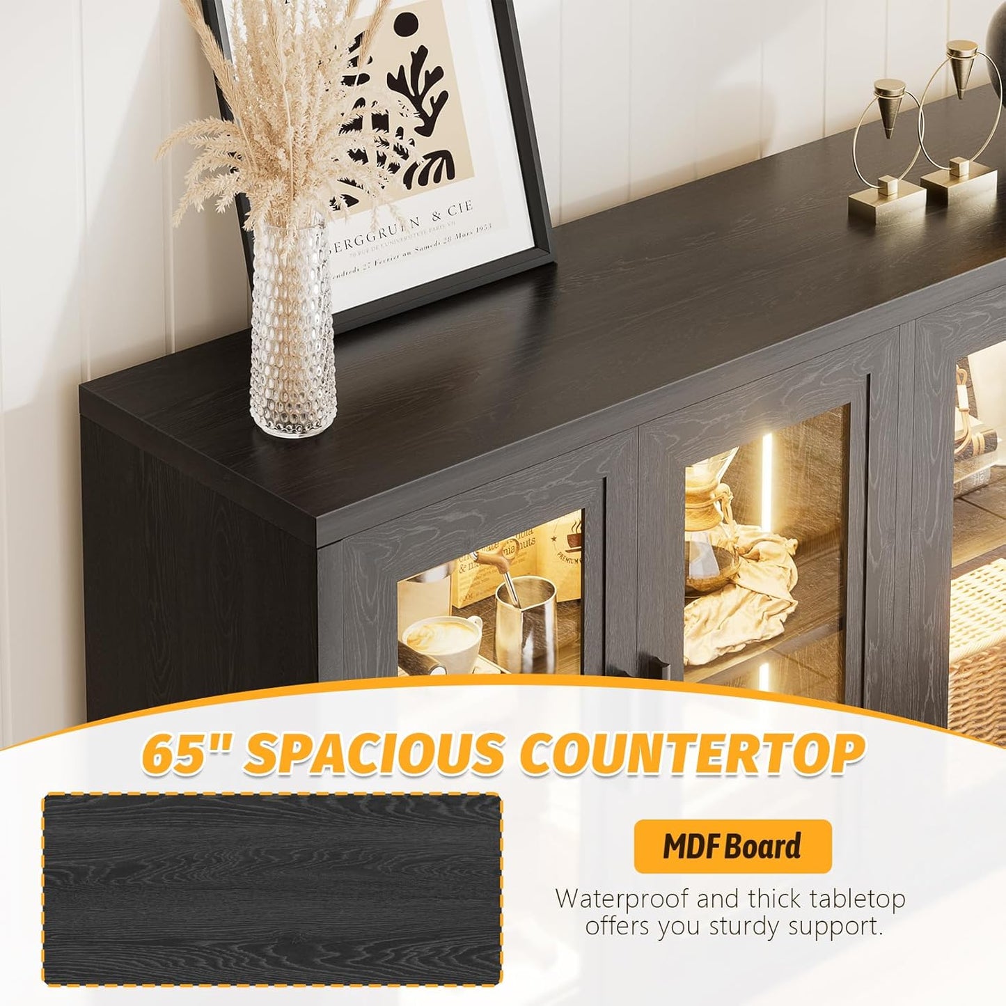 Wine Bar Cabinet with LED Light, 65" Sideboard Buffet Cabinet with Storage, Modern Home Coffee Bar Cabinet with Smart Human Sensor for Kitchen Dining Room Living Room, Black